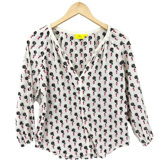 Roller Rabbit Tops - ROLLER RABBIT Blouse Cotton Ivory Embroidered Floral Split Collar Peasant